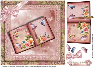 Pretty Book of Roses and Flutters 8x8 Topper
