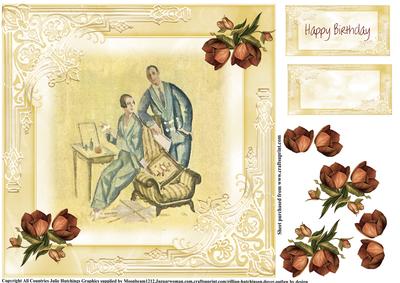 Oriental Art Deco Style 8x8 Card Topper Lady and Gent