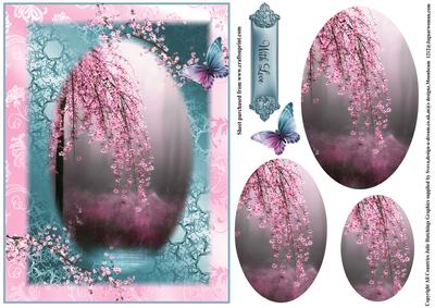 Oriental Pink Blossom Scene Card Topper