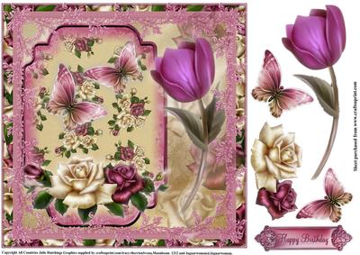 Beautiful Antique Roses and Flutters 8x8 Topper
