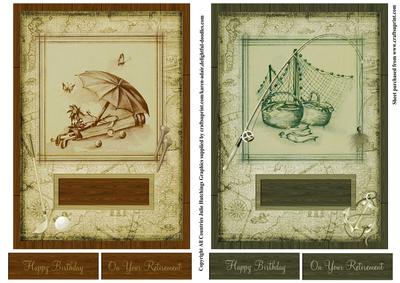 2x Vintage Style Golf and Fishing Card Toppers