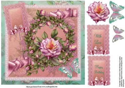 Glorious Pink Rose and Flutters 8x8