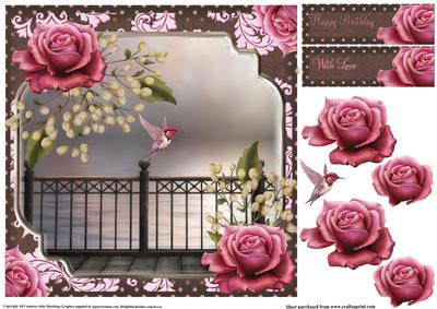 The Humming Bird and Pink Roses 8x8 Topper