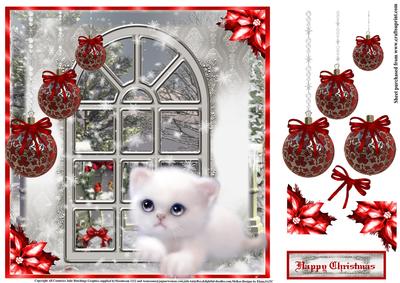 The Christmas Kitten by Window with Red Decorations