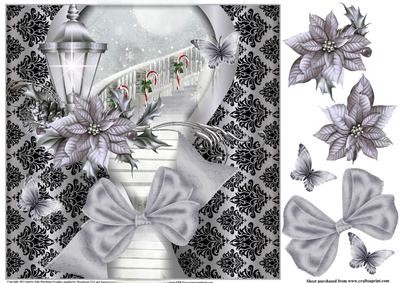Silver Christmas Lantern and Poinsettia on Damask Frame