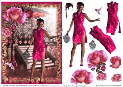 Oriental Lady in Fushia with Decoupage