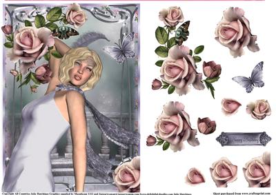 Art Deco Style Lady with Pink Roses