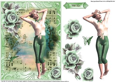 Retro Music and Roses Card Front,topper