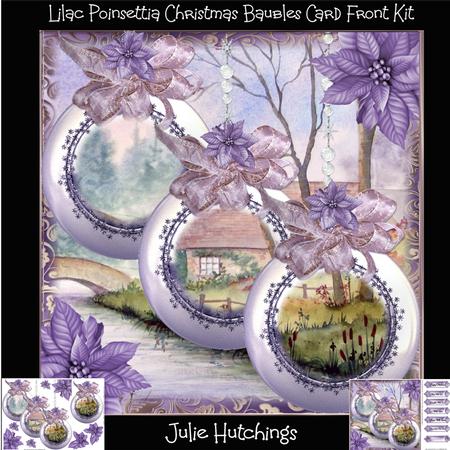 Beautiful Lilac Poinsettia Baubles Card Front Kit
