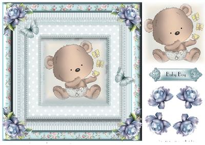 Cute Baby Boy Teddy and Butterflies Topper