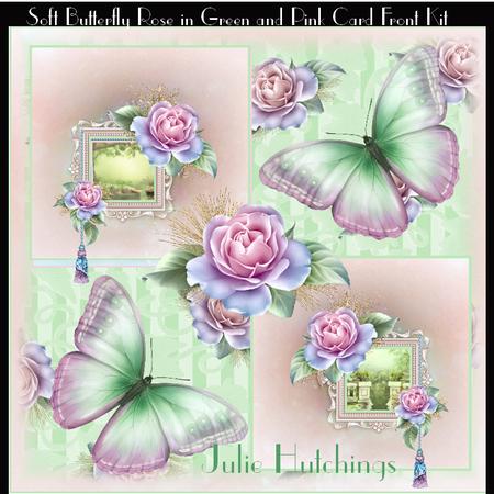 Soft Butterfly Roses in Green and Pinks Card Front with Inse