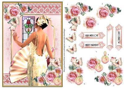 A5 Pink Rose Deco Card Topper with Decoupage