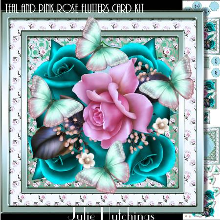 Beautiful Teal and Pink Rose Flutters Card Front Kit