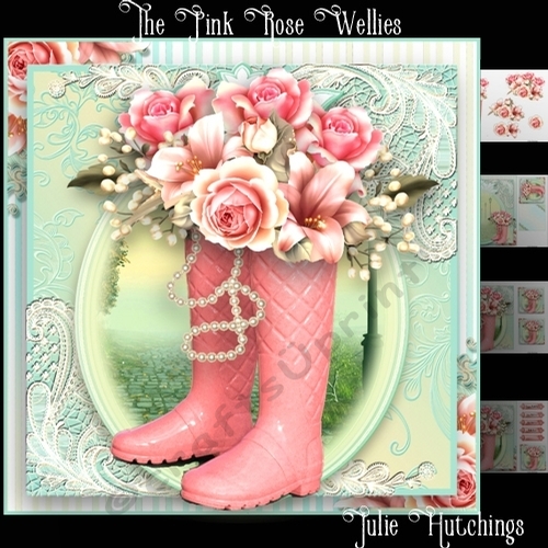 The Pink Rose Wellies Card front Kit