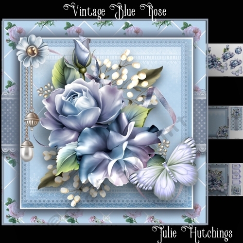Vintage Blue Roses Card Front Kit