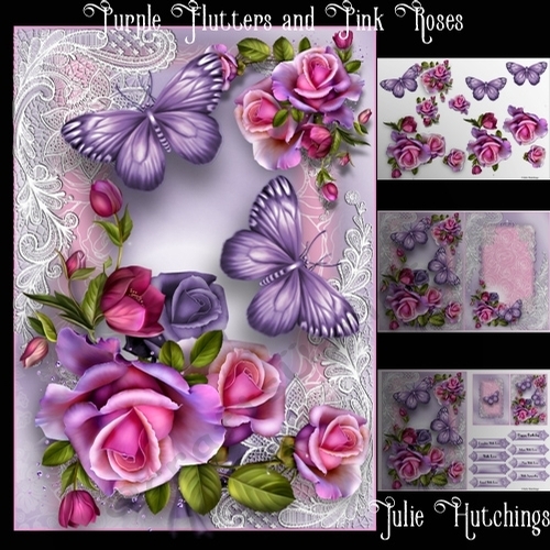Purple Flutters and Pink Roses A5 Card Front Kit