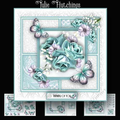 Teal and Lilac lace Rose Squares Card Kit