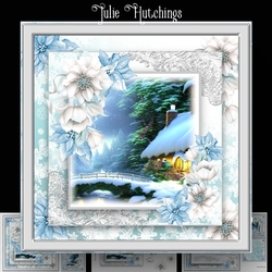 Snow covered cottage by the river