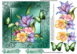 Green Lace Flora and Butterfly Card Topper