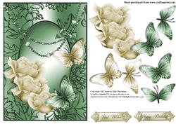 The Cream and Green Roses and Butterfly Swirl Card Front