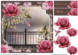 The Humming Bird and Pink Roses 8x8 Topper