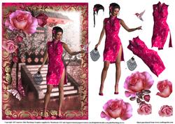 Oriental Lady in Fushia with Decoupage