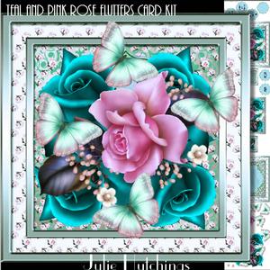Beautiful Teal and Pink Rose Flutters Card Front Kit