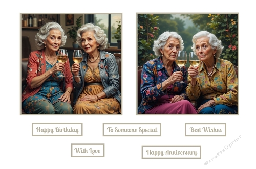 2 Older Ladies Drinking White Wine Toppers.