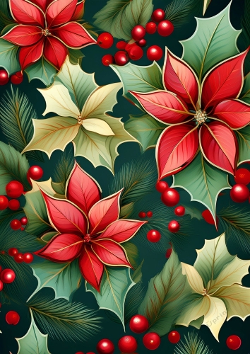 Poinsettias And Holly Christmas Background.