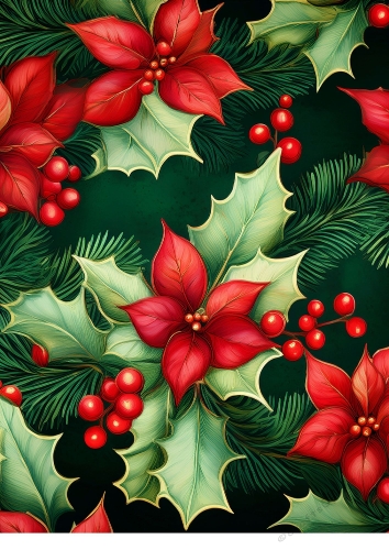 Poinsettias And Holly Christmas Background.