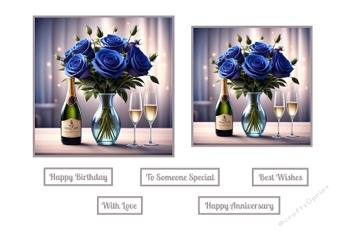 Beautiful Blue Roses And Champagne Toppers.