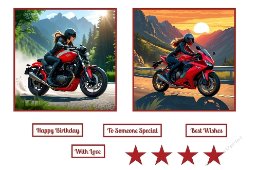 Lady Riding A Red Motorcycle Toppers. 
