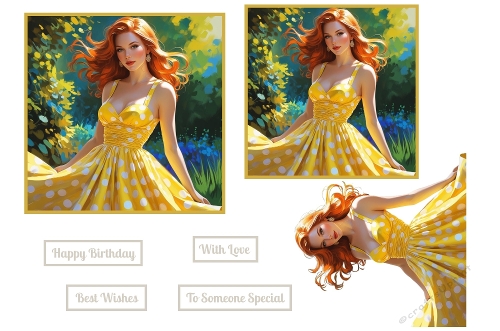 Lady In Yellow and White Polka Dot Dress Toppers.