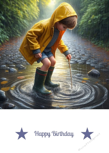 A Boy Playing In A Puddle Of Rain. 5 x 7.