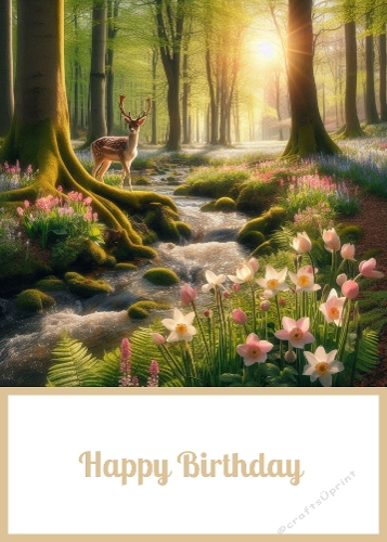 Birthday Deer in a Forest. 5 X 7 Card Front.