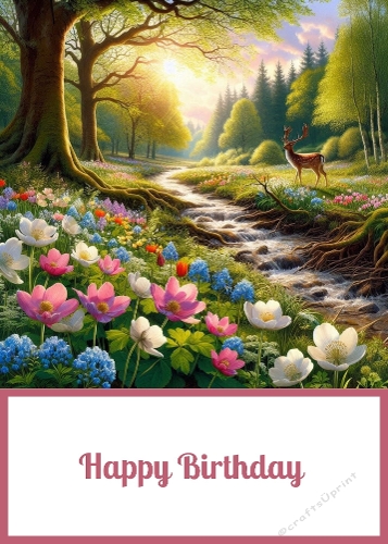 Birthday Deer in a Forest. 5 X 7 Card Front.