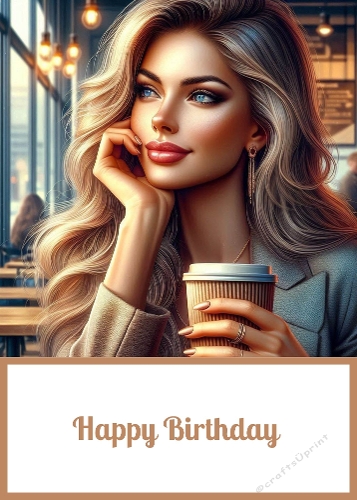 Lady Drinking Coffee Birthday 5 X 7 Card Front.