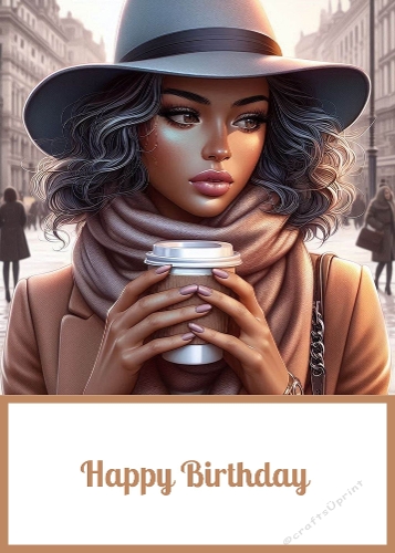 Lady Drinking Coffee Birthday 5 X 7 Card Front.