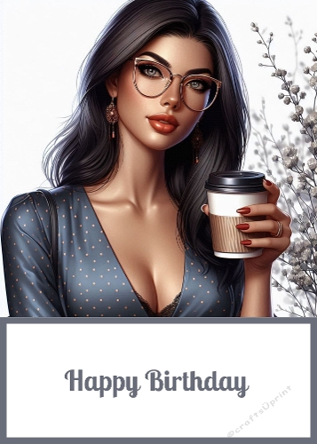 Lady Drinking Coffee Birthday 5 X 7 Card Front.