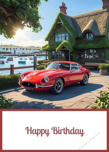 Sports Car, Pub and Harbour Birthday 5 X 7 Card Front