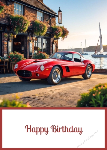Sports Car, Pub and Harbour Birthday 5 X 7 Card Front