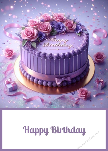Purple Birthday Cake 5 X 7. Card Front. 