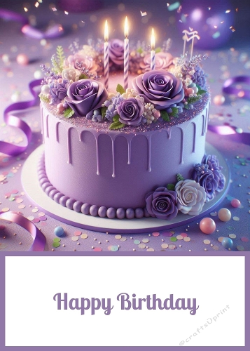 Purple Birthday Cake 5 X 7. Card Front. 