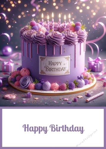 Purple Birthday Cake 5 X 7. Card Front. 
