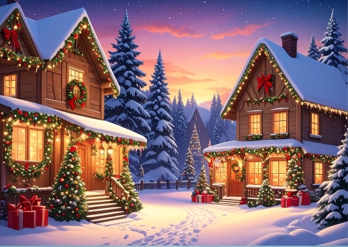 Christmas Village Scene A4 Landscape.