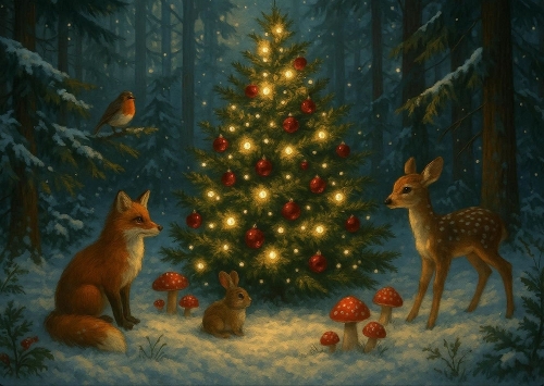 Beautiful Christmas Woodland Scene A4 Landscape.