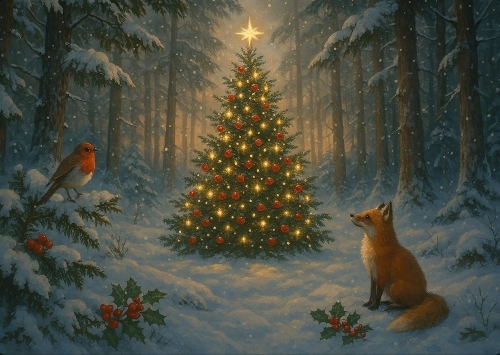 Beautiful Christmas Woodland Scene A4 Landscape.