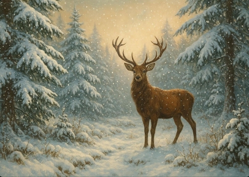 Beautiful Christmas Woodland Scene With Stag A4 Landscape.