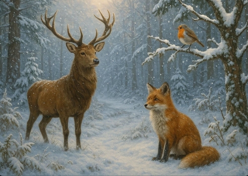 Beautiful Christmas Woodland Scene A4 Landscape.