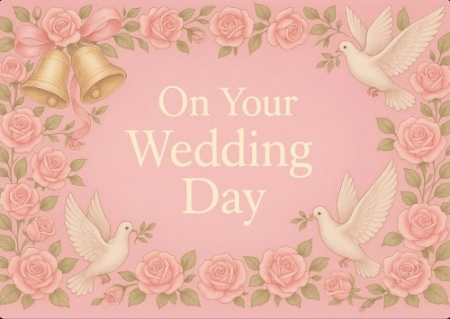 On Your Wedding Day  Pink Theme Doves And Bells A4 Landscape.